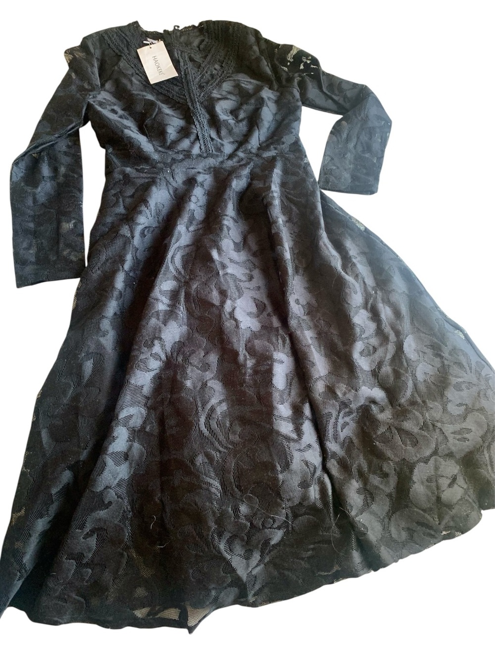 Black Lace Long Sleeve Babydoll LBD Whimsigoth Classic Feminine Midi Dress NWT L